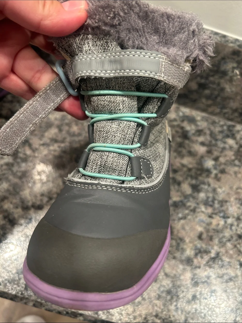 See Kai Run Gray Kids Winter Boots with Purple Soles and Mint Accents